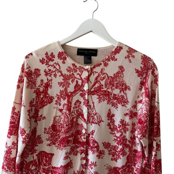 August Silk Knit Button Down Lightweight Red Cream Casual Luxury Cardigan  SZ L - Picture 2 of 15